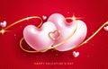 Valentine`s day heart balloons vector design. Happy valentine`s day text with balloon hearts and gold confetti elements