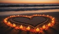 Valentine's Day Heart and candles on sandy beach sunset. Creating romantic setting for Valentine's Day. Royalty Free Stock Photo