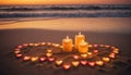 Valentine's Day Heart and candles on sandy beach sunset. Creating romantic setting for Valentine's Day. Royalty Free Stock Photo