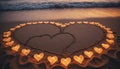 Valentine's Day Heart and candles on sandy beach sunset. Creating romantic setting for Valentine's Day. Royalty Free Stock Photo