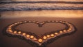 Valentine's Day Heart and candles on sandy beach sunset. Creating romantic setting for Valentine's Day. Royalty Free Stock Photo