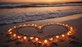 Valentine's Day Heart and candles on sandy beach sunset. Creating romantic setting for Valentine's Day. Royalty Free Stock Photo