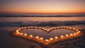 Valentine's Day Heart and candles on sandy beach sunset. Creating romantic setting for Valentine's Day. Royalty Free Stock Photo