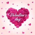 Valentine`s day. Heart-shaped bouquet with roses. Vector illustration, cards with beautiful flowers. Heart with pink flowers rose