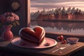 valentine's day, with heart-shaped cake in the foreground and romantic cityscape in the background
