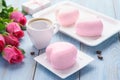 Valentines day with heart shaped mousse cakes, coffee, gift box Royalty Free Stock Photo