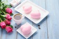 Valentines day with heart shaped mousse cakes, coffee, gift box Royalty Free Stock Photo