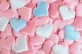 Valentine`s Day Hearts Background. Holiday Abstract Valentine Background with pink, white and blue pastel color satin Hearts Royalty Free Stock Photo