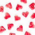 Valentine`s day hearts pattern made of watermelon on white background. Flat lay, top view. Royalty Free Stock Photo