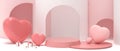 Valentine`s day and hearts with podium for product platform on romantic love red background. Wedding, Anniversary, greeting card Royalty Free Stock Photo