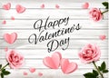 Valentine`s Day Holiday Background with a Pink roses and Paper Hearts on a Wooden Sign. Royalty Free Stock Photo