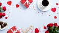 Valentine`s day holiday card. Flat lay presents, red hearts shape, candy, coffee cup, rose flowers, text sign Royalty Free Stock Photo