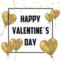 Valentine`s Day holiday card with gold balloons and golden confetti. Celebration banner, poster with frame and decoration. Vector. Royalty Free Stock Photo