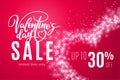 Valentine`s day holiday sale 30 percent off with heart of glitter on red background. Limited time only. Template for a banner,