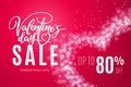 Valentine`s day holiday sale 80 percent off with heart of glitter on red background. Limited time only