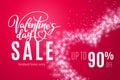 Valentine`s day holiday sale 90 percent off with heart of glitter on red background. Limited time only