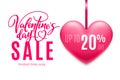 Valentine`s day holiday sale 20 percent off with pink heart on white background. Limited time only. Template for a banner, poster