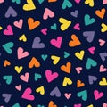 Valentine's Day Holiday Simple Hand-Drawn Colorful Ditsy Hearts Vector Seamless Pattern