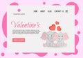 Valentine`s Day home page template with cute elephants. Cartoon style. Vector illustration