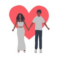 Valentine`s day illustration. Couple  holding hands. Young black man and young black woman on a red heart background Royalty Free Stock Photo