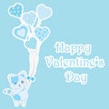 Valentine`s day illustration with cute blue cat brings love balloons on blue background Royalty Free Stock Photo