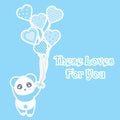 Valentine`s day illustration with cute blue panda bring heart balloons on blue background