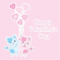 Valentine`s day illustration with cute blue and pink cats brings pink heart balloons on pink background Royalty Free Stock Photo