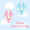 Valentine`s day illustration with cute blue and pink hot air balloon on sky background Royalty Free Stock Photo