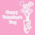 Valentine`s day illustration with cute pink cat brings love balloons on pink background Royalty Free Stock Photo