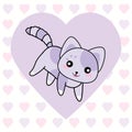 Valentine`s day illustration with cute purple cat on love background