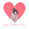 Valentine`s Day illustration. A loving couple hugs. Young man and young woman on a red heart background Royalty Free Stock Photo