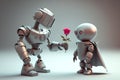 Valentine`s day illustration with a robot couple with a rose in love. AI Generative Royalty Free Stock Photo