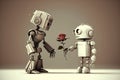 Valentine`s day illustration with a robot couple with a rose in love. AI Generative Royalty Free Stock Photo