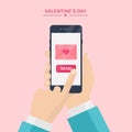 Valentine`s day illustration. Send or receive love sms, letter, email with mobile phone. Human hand hold cellphone isolated on