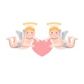 Valentine s day illustration two little Cupid angels holding a heart in their hands on a white isolated background. Vector image.