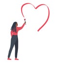 Valentine`s day illustration. Young black woman draws a red heart