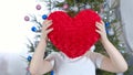 Valentine`s day kids. Cute little boy, child holding a plush red heart in his hands, a gift for Valentine`s day. Royalty Free Stock Photo