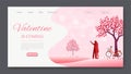 Valentine `s day landing page,pink landscape with couple standing on hills of love