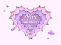 Valentine`s Day layered 3d background with heart shaped clouds, spring flowers, tulips, branches, green leaves, butterflies.