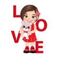 Valentine s day with little girl holding cute teddy bear cartoon character design vector Royalty Free Stock Photo