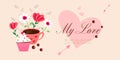 Valentine`s day, love concept cute vector illustration banner with, flowers, cup of coffee and cupcakes Royalty Free Stock Photo