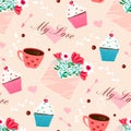 Valentine`s day, love concept cute vector illustration seamless pattern with, hearts, love, flowers, envelope, coffee