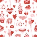 Valentine s day. love concept cute vector illustration seamless pattern with hearts, love, flowers, envelope, arrows Royalty Free Stock Photo