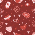 Valentine s day. love concept cute vector illustration seamless pattern with hearts, love, flowers, envelope, arrows Royalty Free Stock Photo