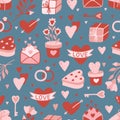 Valentine s day. love concept cute vector illustration seamless pattern with hearts, love, flowers, envelope, arrows Royalty Free Stock Photo