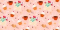 Valentine`s day, love concept cute vector illustration seamless pattern with, hearts, love, flowers, envelope, coffe