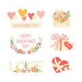 Valentine's Day with Love Heart, Gift Box and Envelope with Blooming Flowers Vector Set Royalty Free Stock Photo