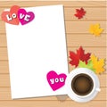 Valentine's day love paper with coffee cup and maple background