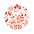 Valentine\'s day love and strawberry cake watercolor round illustration invitation template