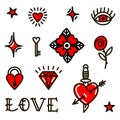 Valentine`s Day love symbols in old school style. Vector illustration for Valentine`s Day, stickers, tattoos